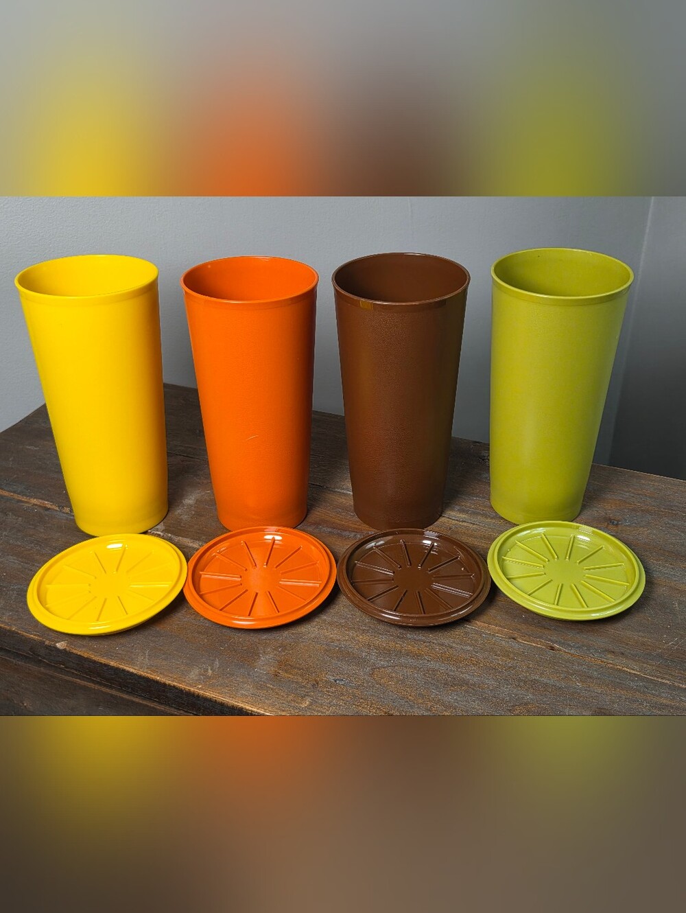 Vintage Tupperware Harvest Colors Tumblers Coasters Lids Set of 4 #117 Highball